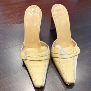 CHANEL Women's Cream/Yellow Leather Mules, with wood heel